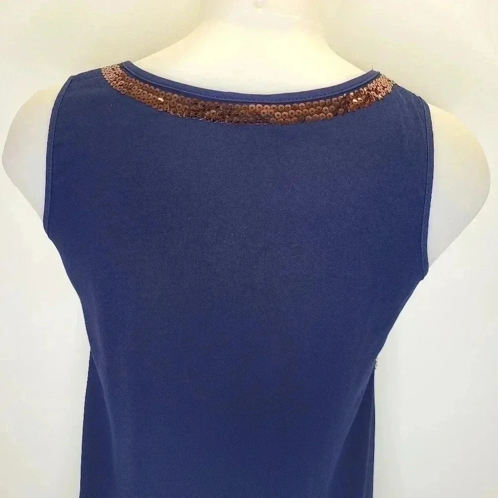 Alga Francescas Navy Blue Silver Bronze Sequin Beaded Art Deco Shift Dress Small - Picture 11 of 14